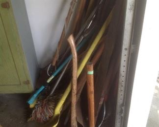 Long handled tools plus pick ax, sledge hammer, ax etc