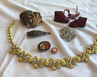 Vintage jewelry, Trifari fur clip, rhinestone fur clip, red leather doll boots