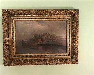 Original painting in fabulous ornate gilded frame. Signed T. Campbell.