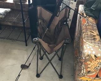 Portable chair, bed frame, golf club travel case, shelving unit.