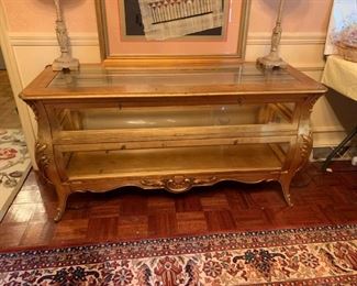 #3 gold leaf glass front and top QA leg display cabinet table 53x20x27 $175.00