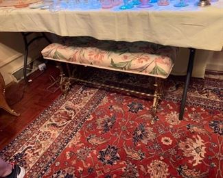 #5 brass bench 36x12x18 $35.00
#7 hand knotted rug w rose cream tan pattern rug 99x141 $120.00