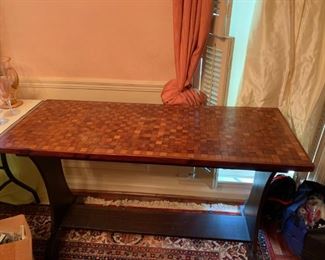 #6 sofa table w wood tile top black legs 48x19x30 $75.00
