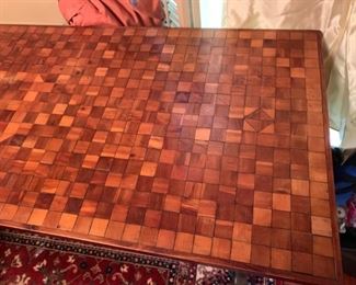 #6 sofa table w wood tile top black legs 48x19x30 $75.00