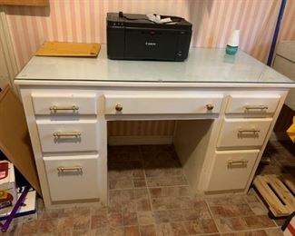 #12 desk white desk with 7 drawers (note you will have to remove) 48x20x29 $25.00