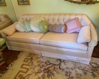 #35 pink button back sofa w 2 cushion 82 long $75.00