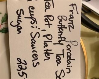 #36 Franz Porcelain /butterfly tea set tea pot , platter, 2 cups/saucer/ sugar/cream $225.00