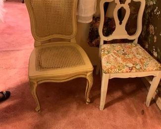 #46 whit Cain seat white chair $30.00
#47 white painted odd chair w flower seat $30.00