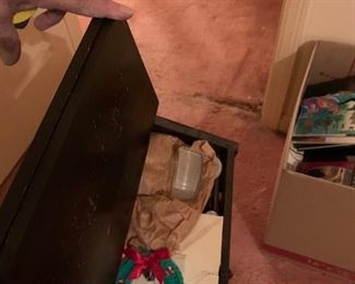 #58 black wood sewing box w content $65.00