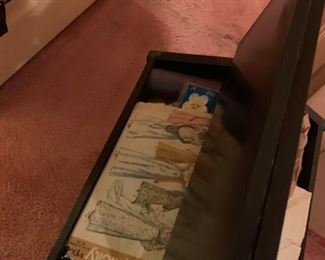 #58 black wood sewing box w content $65.00