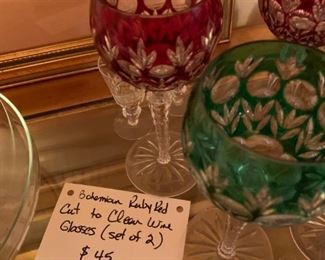 #73 glasses Bohemian Ruby Red Cu to Clear wine set of 2 for $45.00
#74 glasses bohemian green cut to clear wine glasses set of 2 $45.00
#75 glasses Bohemian blue cut to clear wine glasses set of 2 $45.00
#76 glasses Bohemian Amethyst cut to clear wine glasses 2@ $45.00