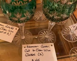 #73 glasses Bohemian Ruby Red Cu to Clear wine set of 2 for $45.00
#74 glasses bohemian green cut to clear wine glasses set of 2 $45.00
#75 glasses Bohemian blue cut to clear wine glasses set of 2 $45.00
#76 glasses Bohemian Amethyst cut to clear wine glasses 2@ $45.00