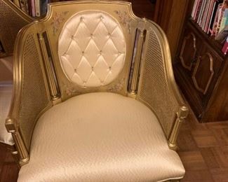 #82 (2) gold basket weave French provincial chairs with button back 2@ 75 ea.