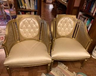 #82 (2) gold basket weave French provincial chairs with button back 2@ 75 ea.