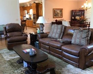 Matching Leather Three Piece Living Room Furniture.  Area Carpets, Lamps and End Tables. 