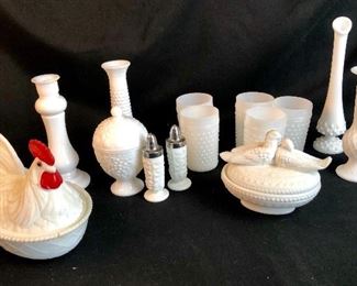 Milk Glass lot- damage on hen and one vase.