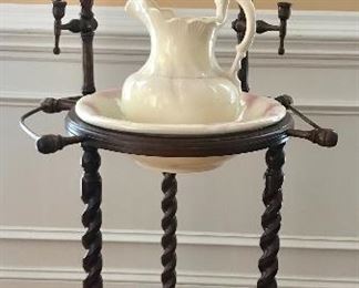 Vintage American Jacobean Revival Wash Stand with Pitcher and Bowl
