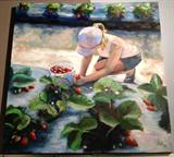 Lg. Acrylic on Canvas "To Eat or Not to Eat" Girl in Strawberry field by Andrea Wilson
