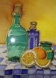 Blue & Green Bottles - Silk Painting by Andrea Wilson