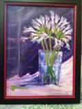 Puple Flowers in Vase - Acrylic on canvas by T. Dickson