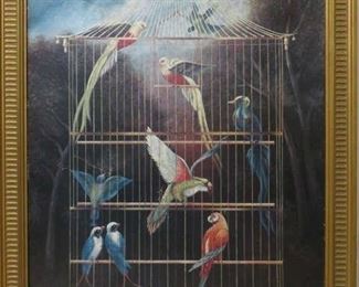 Aviary Lithograph On Canvas Signed David Rollins