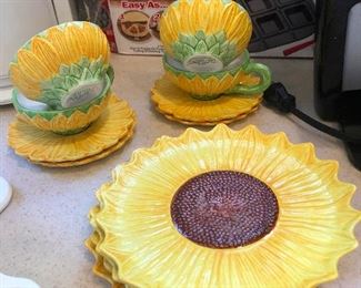 Sunflower plates and cups for serving petit fours to woodland fairies.