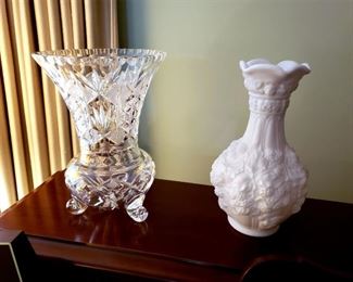 Pair of large crystal vases and Imperial milk glass vases