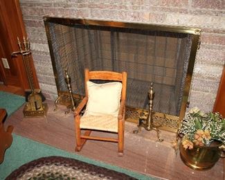 Child's rocker, brass fireplace tools and accessories