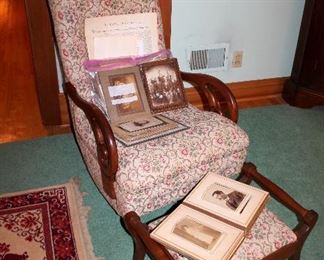 Vintage upholstered rocker and matching foot stool