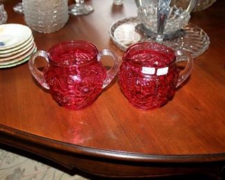 L.G. Wright cranberry "Beaded Drape" cream & sugar set