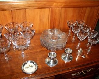 Duncan & Miller "Chantilly" cut glassware, sterling silver pieces