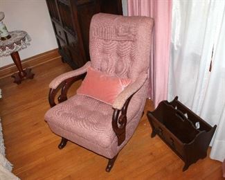 Vintage upholstered rocker, magazine holder