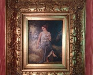 Nicely painted original oil of female, wondering if her credit score has recently changed - great gilt frame too!