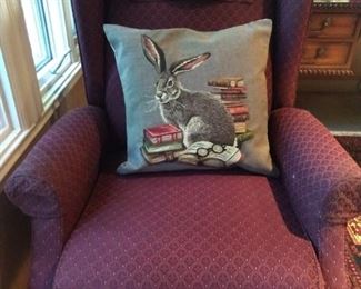Fugly, but comfortable upholstered recliner, with cute studious bunny tapestry pillow.