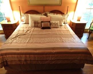 King size 1960's wooden bed, with all linens, matching pair of end tables, by Mount Airy Mantle and Table Company, Mount Airy, NC. 