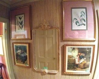 Wow, the camera must've been drunk!                      
Actually, it was the only way to picture the pair of nicely matted and framed botanicals, prints of famous artworks and a natural pine wall mirror.