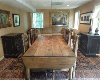 Wonderful antique pine farm table, with drop leaves and center drawer.                                                                                  
