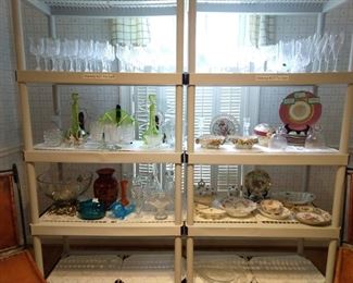 Shelves full of good glassware of all types and genres, from basic department store stems, to vaseline glass, American Brilliant Cut Glass, etc.