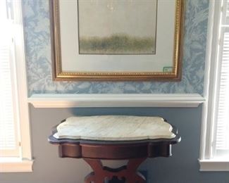 Victorian mahogany table, with white marble top, zen Asian artwork, nicely matted.framed.