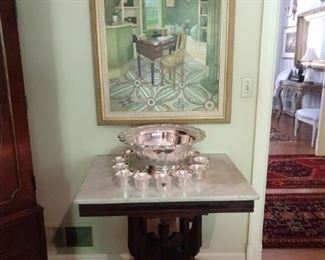 Original oil on canvas of period parlor, another Victorian marble-topped table and nice silverplated punchbowl with a dozen matching cups, all loving polished by yours truly.                                                                                                            You NEED this punchbowl for that upcoming wedding, you know which one...
