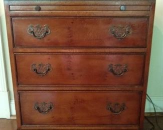 Antique 3-drawer yew wood chest, with pull-out shelf.