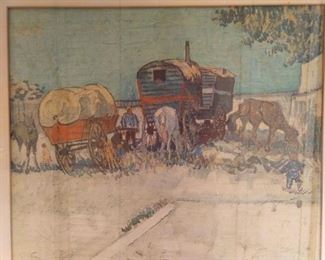 Nicely framed/matted print "Gypsy Caravan, by Vincent Van Gogh, Arles, France, 1888.