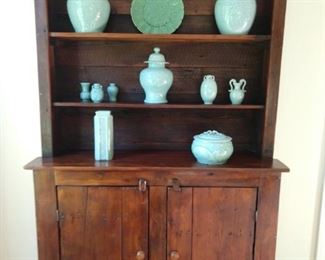 Antique Pine hutch, with nice collection of vintage celadon porcelains. 