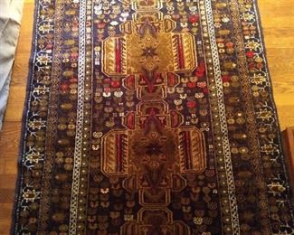 Vintage hand woven Turkish tribal rug, 100% wool face, measures 4' 4" x 7' 3".