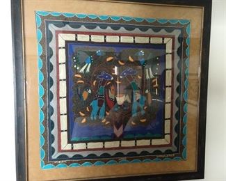 Large, framed Kaross embroidered artwork, from Letsitele and Giyani areas of the Limpopo Province, S. Africa, this one signed "Miriam".
