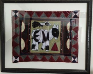 Small, framed Kaross embroidered donkey artwork, from Letsitele and Giyani areas of the Limpopo Province, S. Africa,  signed.