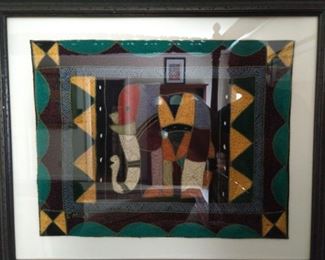 Small, framed Kaross embroidered elephant artwork, from Letsitele and Giyani areas of the Limpopo Province, S. Africa,  signed.