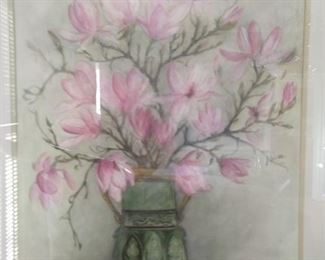 Original pastel on paper matted/framed tulip magnolias, by Eleanor Mize.