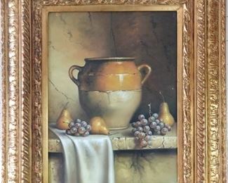 Original oil on canvas, fruit still life in gaudy gold frame.