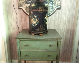 Vintage painted 2-drawer wooden side table, with painted metal Asian-inspired table lamp.